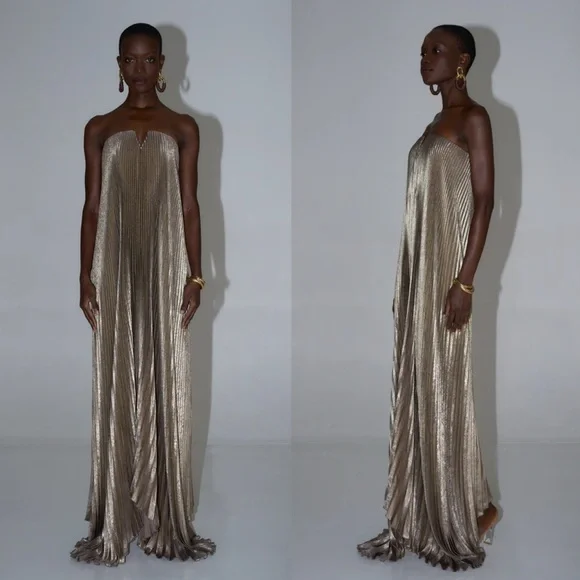 L'IDEE Black Tie Gown Maxi Dress in Gold Shimmer Size US 2 NEW! New with tags! - Picture 3 of 13